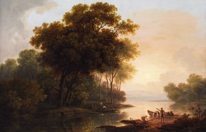 Paysage arboré avec vue sur une rive de lac dans une lumière crépusculaire